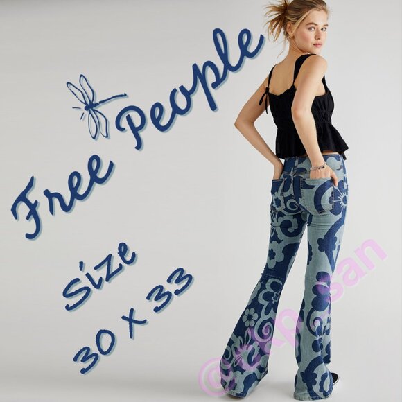Rare NWOT Free People Penny Pull-On Printed Flare Jeans Sz 30 - Picture 1 of 17